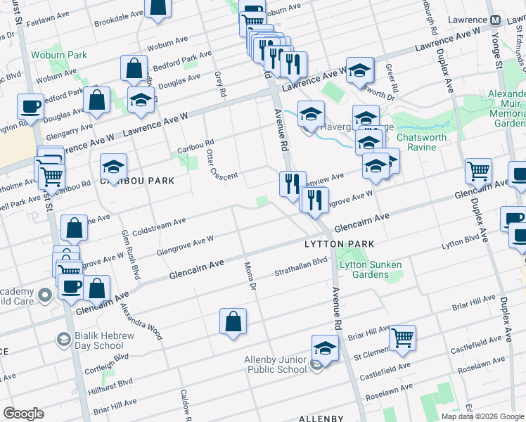 map of restaurants, bars, coffee shops, grocery stores, and more near 60 Coldstream Avenue in Toronto