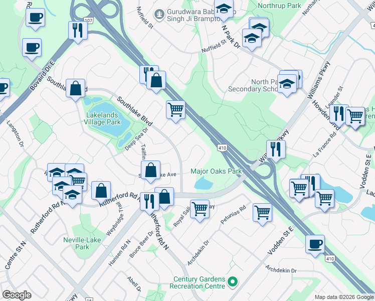 map of restaurants, bars, coffee shops, grocery stores, and more near 14 Calm Waters Crescent in Brampton