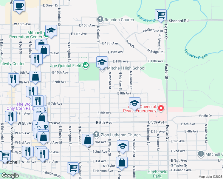map of restaurants, bars, coffee shops, grocery stores, and more near 900 North Winsor Street in Mitchell