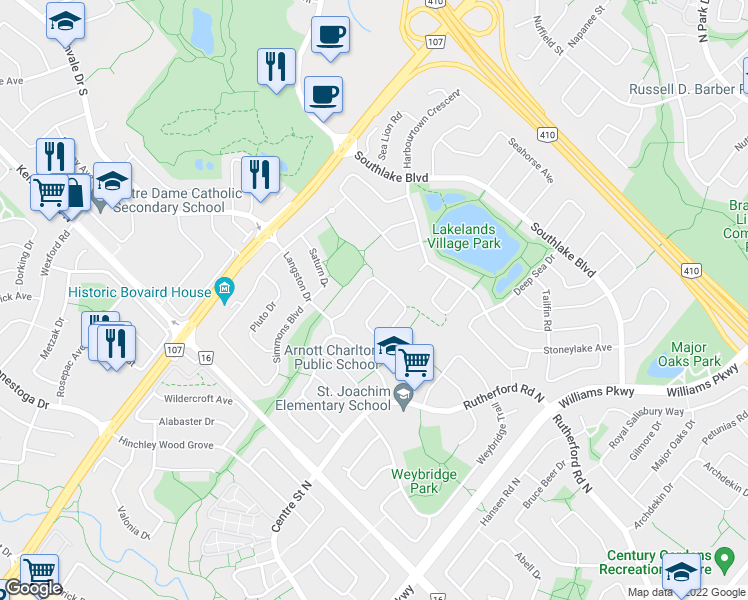 map of restaurants, bars, coffee shops, grocery stores, and more near 56 Rusthall Way in Brampton