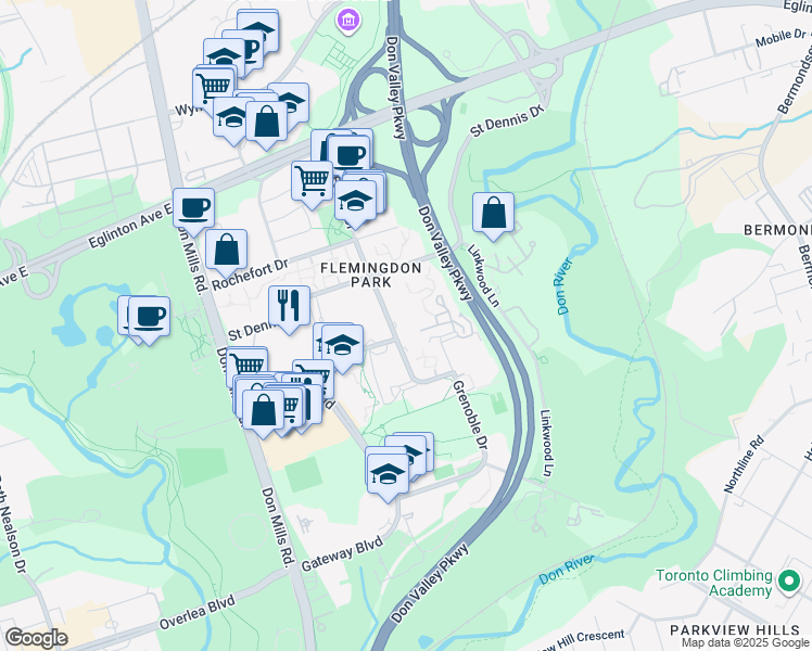 map of restaurants, bars, coffee shops, grocery stores, and more near 1 Deauville Lane in Toronto