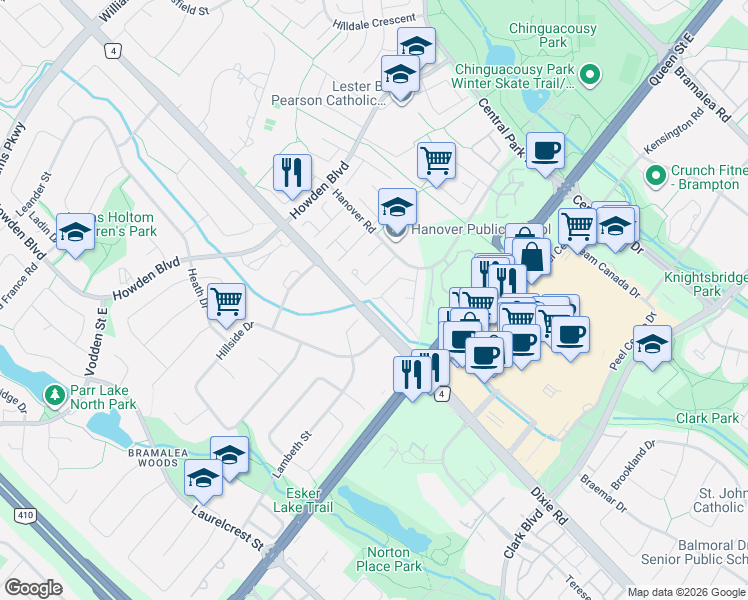 map of restaurants, bars, coffee shops, grocery stores, and more near 20C Hoskins Square in Brampton