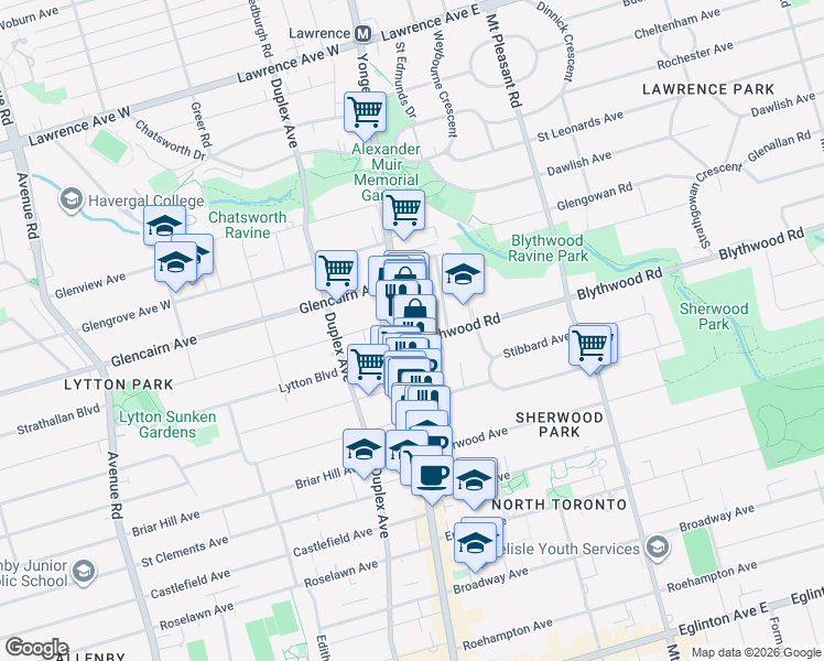 map of restaurants, bars, coffee shops, grocery stores, and more near 2707 Yonge Street in Toronto