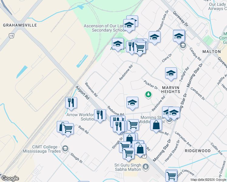 map of restaurants, bars, coffee shops, grocery stores, and more near 7649 Redstone Road in Mississauga