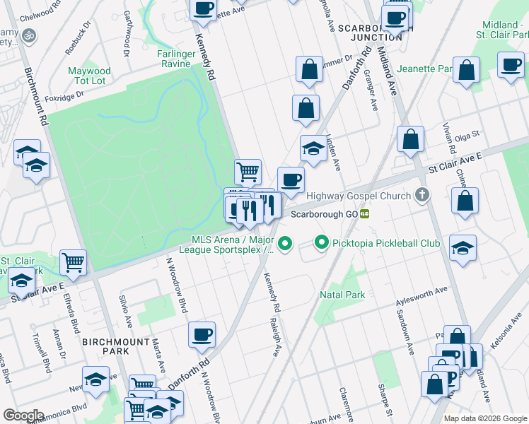 map of restaurants, bars, coffee shops, grocery stores, and more near 3560 Saint Clair Avenue East in Toronto