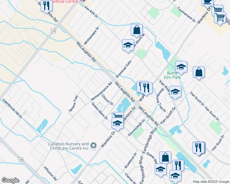 map of restaurants, bars, coffee shops, grocery stores, and more near 90 Baffin Crescent in Brampton