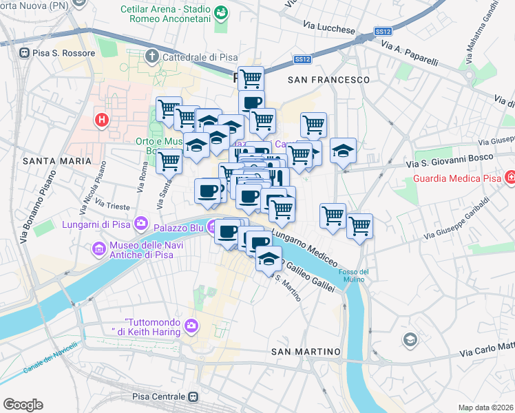 map of restaurants, bars, coffee shops, grocery stores, and more near 12 Borgo Stretto in Pisa