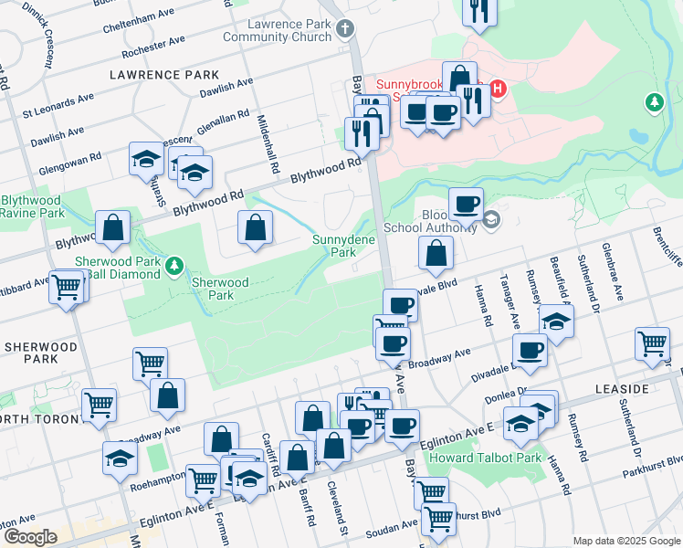 map of restaurants, bars, coffee shops, grocery stores, and more near 1900 Bayview Avenue in Toronto