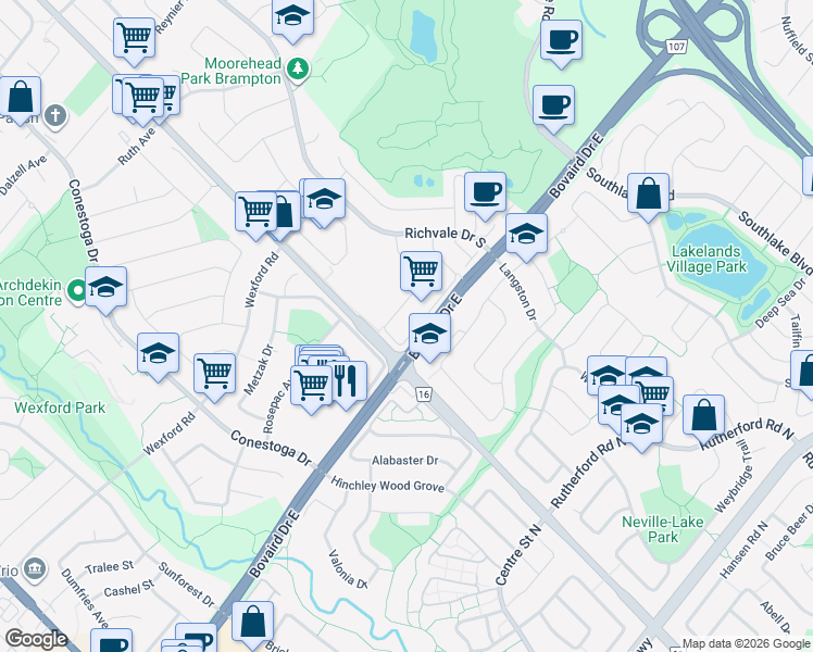 map of restaurants, bars, coffee shops, grocery stores, and more near 110 Toba Crescent in Brampton