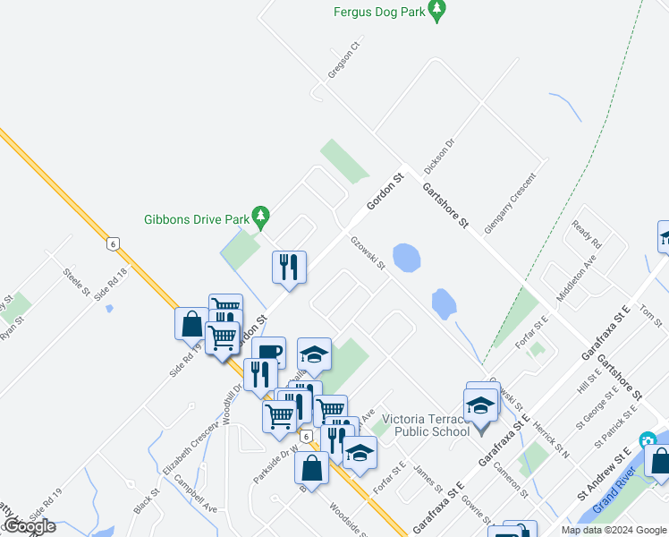 map of restaurants, bars, coffee shops, grocery stores, and more near 912 Kelsowood Lane in Fergus