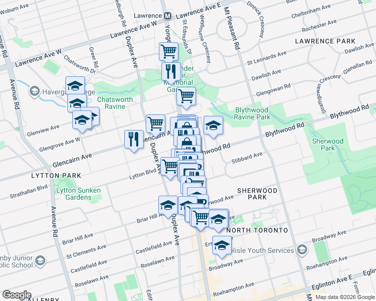 map of restaurants, bars, coffee shops, grocery stores, and more near 2707 Yonge Street in Toronto