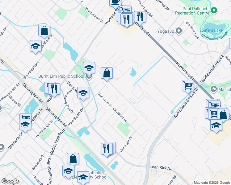 map of restaurants, bars, coffee shops, grocery stores, and more near 24 Red Plant Crescent in Brampton