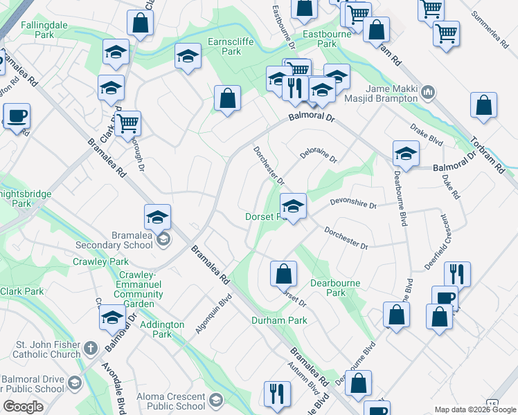 map of restaurants, bars, coffee shops, grocery stores, and more near 49 Doncaster Drive in Brampton