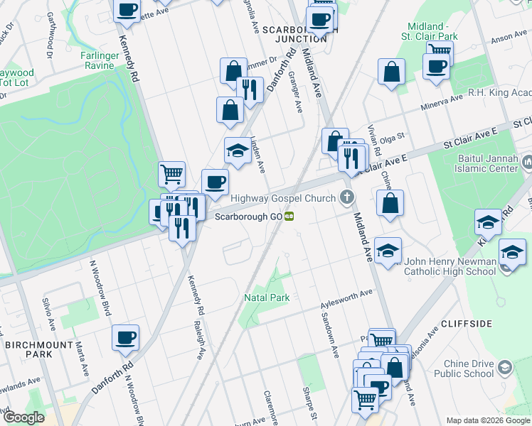 map of restaurants, bars, coffee shops, grocery stores, and more near 3595 Saint Clair Avenue East in Toronto