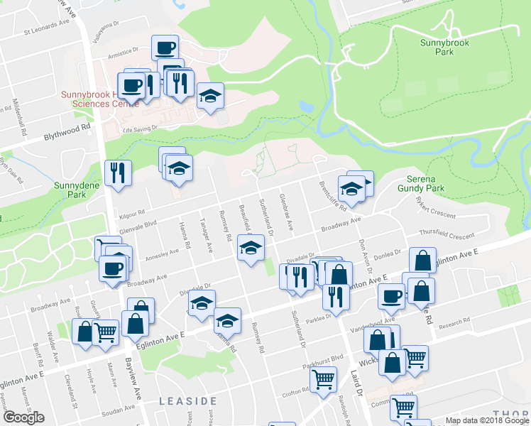 map of restaurants, bars, coffee shops, grocery stores, and more near 503 Sutherland Drive in Toronto