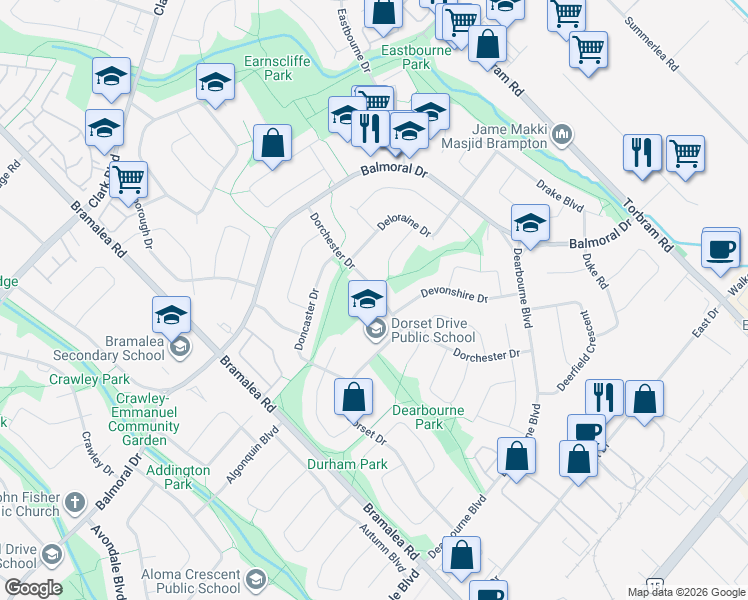 map of restaurants, bars, coffee shops, grocery stores, and more near 72 Dorchester Drive in Brampton