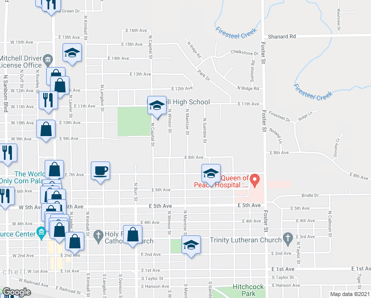 map of restaurants, bars, coffee shops, grocery stores, and more near 821 North Mentzer Street in Mitchell