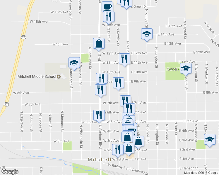 map of restaurants, bars, coffee shops, grocery stores, and more near 807 North Duff Street in Mitchell