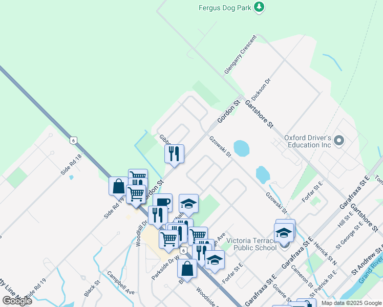 map of restaurants, bars, coffee shops, grocery stores, and more near 348 Gordon Street in Fergus