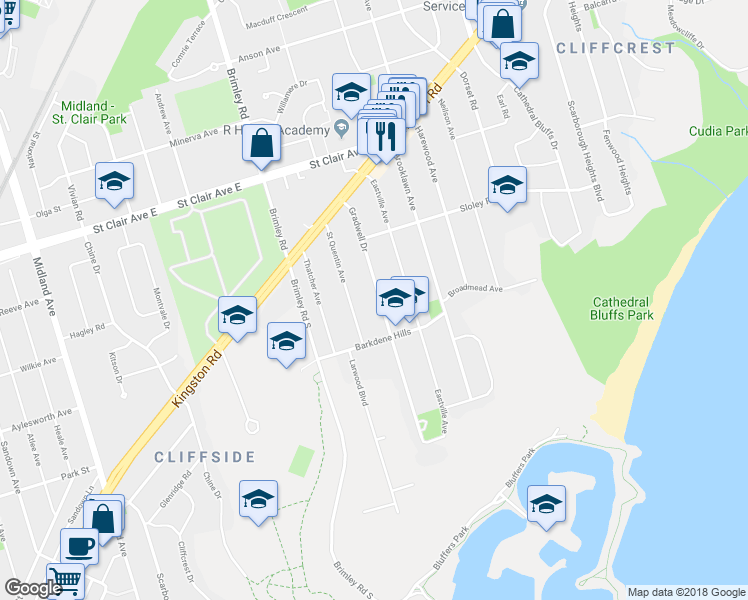 map of restaurants, bars, coffee shops, grocery stores, and more near 92 Gradwell Drive in Toronto