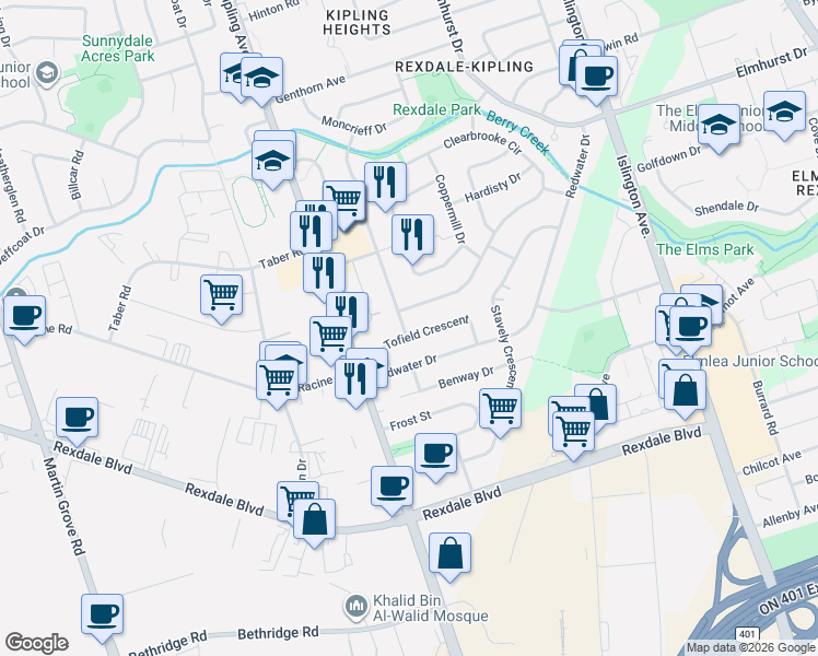 map of restaurants, bars, coffee shops, grocery stores, and more near 41 Tofield Crescent in Toronto