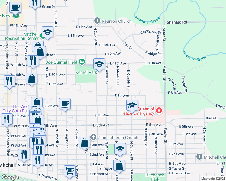 map of restaurants, bars, coffee shops, grocery stores, and more near 821 North Mentzer Street in Mitchell