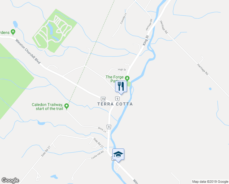 map of restaurants, bars, coffee shops, grocery stores, and more near 10 Isabella Street in Caledon