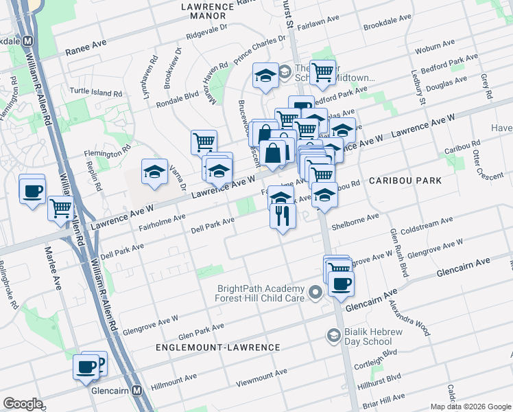 map of restaurants, bars, coffee shops, grocery stores, and more near 46 Dell Park Avenue in Toronto