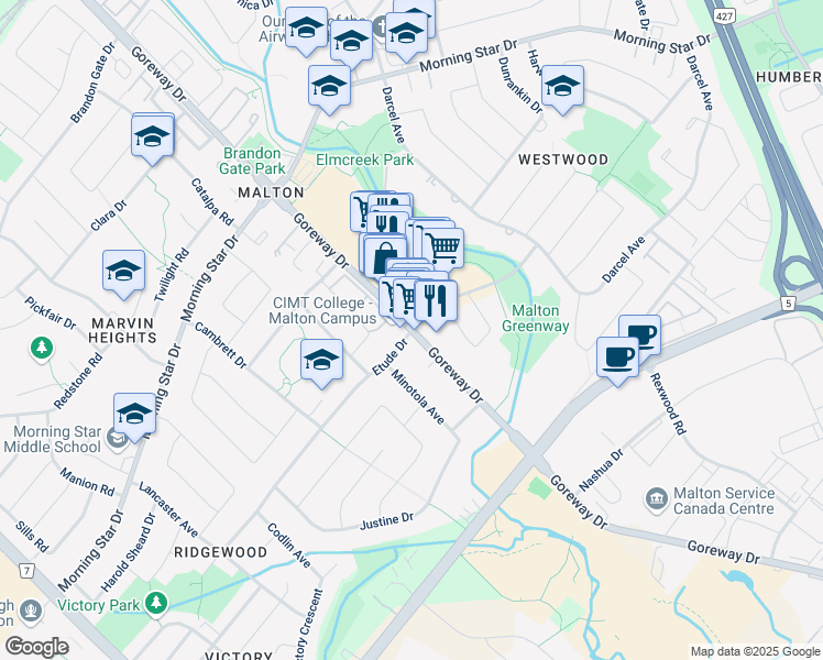 map of restaurants, bars, coffee shops, grocery stores, and more near Goreway Drive & Etude Drive in Mississauga