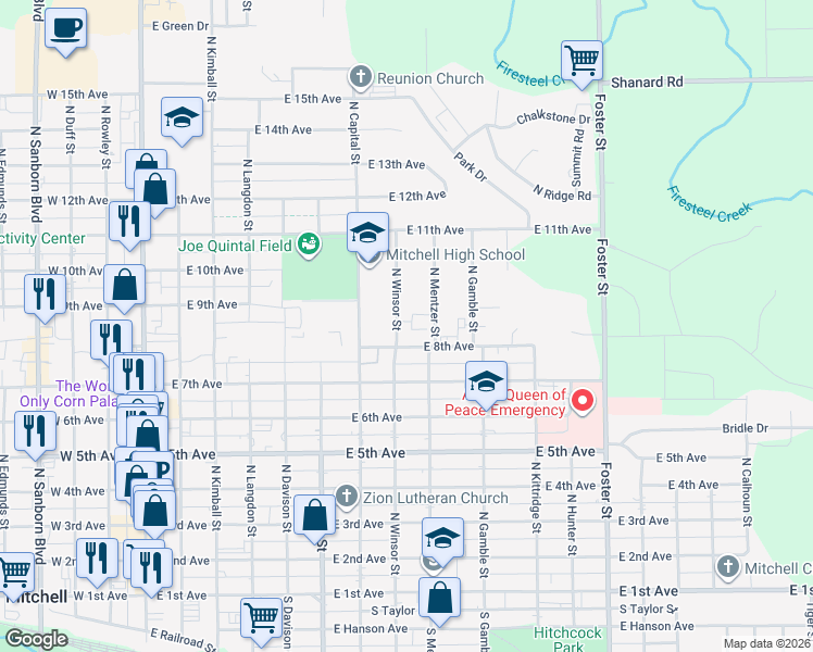 map of restaurants, bars, coffee shops, grocery stores, and more near 804 North Winsor Street in Mitchell
