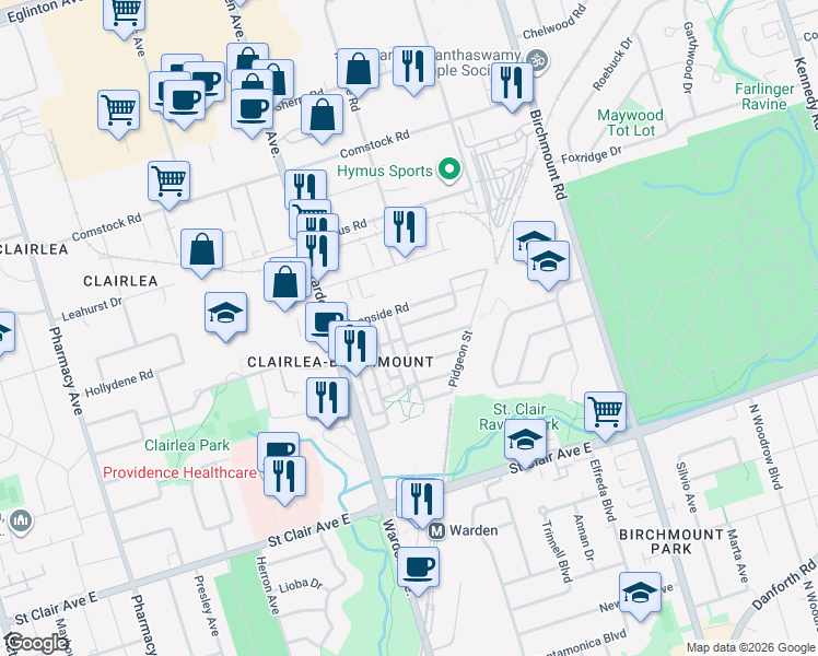 map of restaurants, bars, coffee shops, grocery stores, and more near 5 Fusilier Drive in Toronto