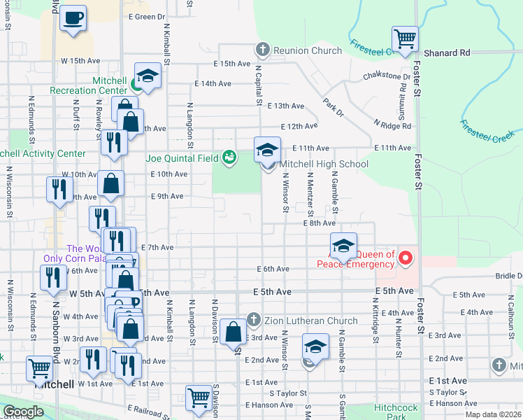 map of restaurants, bars, coffee shops, grocery stores, and more near 920 North Capital Street in Mitchell