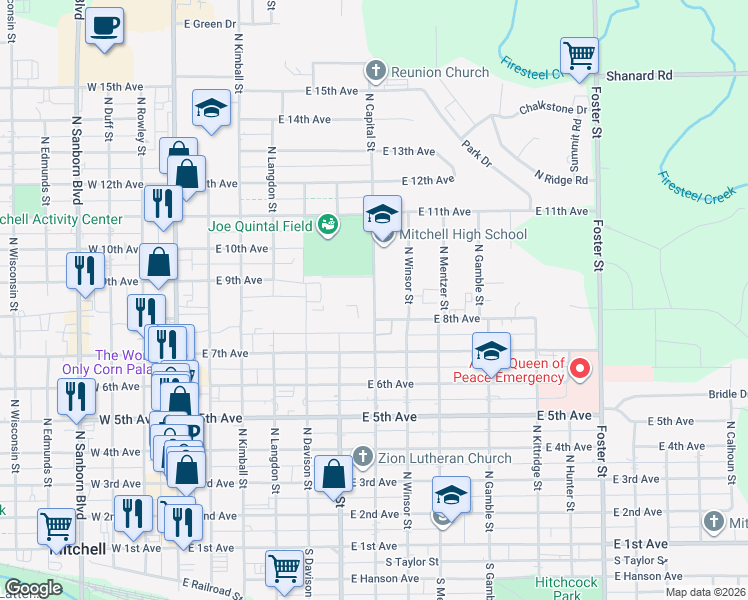 map of restaurants, bars, coffee shops, grocery stores, and more near 920 North Capital Street in Mitchell