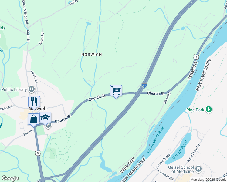 map of restaurants, bars, coffee shops, grocery stores, and more near 185 Church St in Norwich