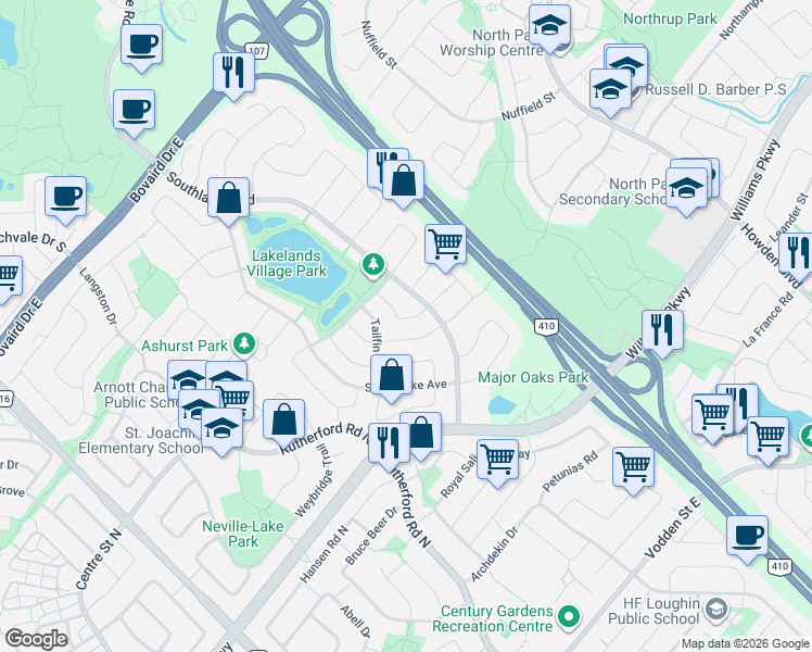 map of restaurants, bars, coffee shops, grocery stores, and more near in Brampton