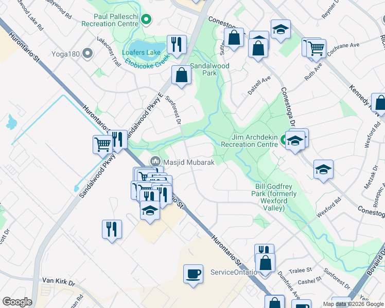 map of restaurants, bars, coffee shops, grocery stores, and more near 4 Summertime Court in Brampton