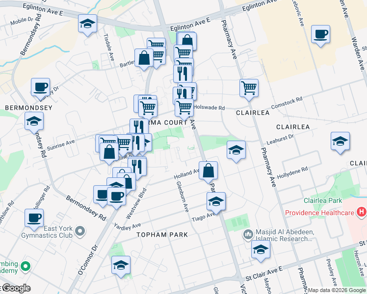 map of restaurants, bars, coffee shops, grocery stores, and more near 90 Parma Court in Toronto