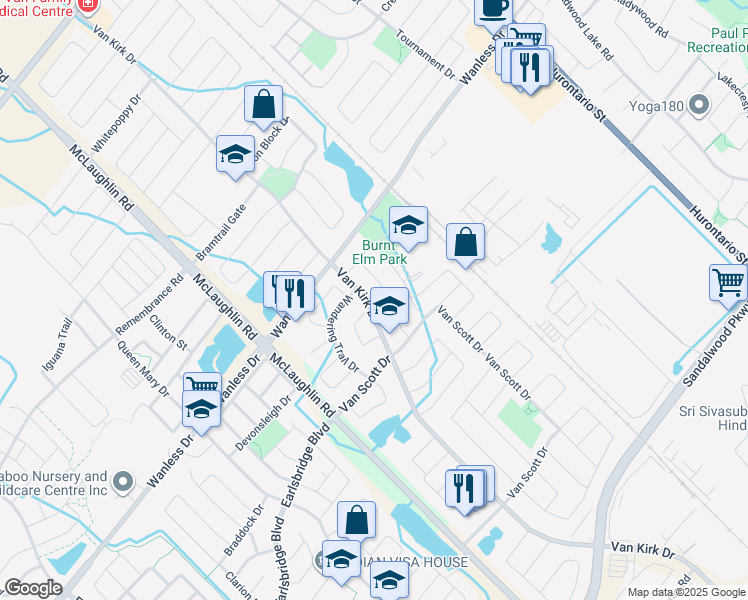 map of restaurants, bars, coffee shops, grocery stores, and more near 367 Van Kirk Drive in Brampton