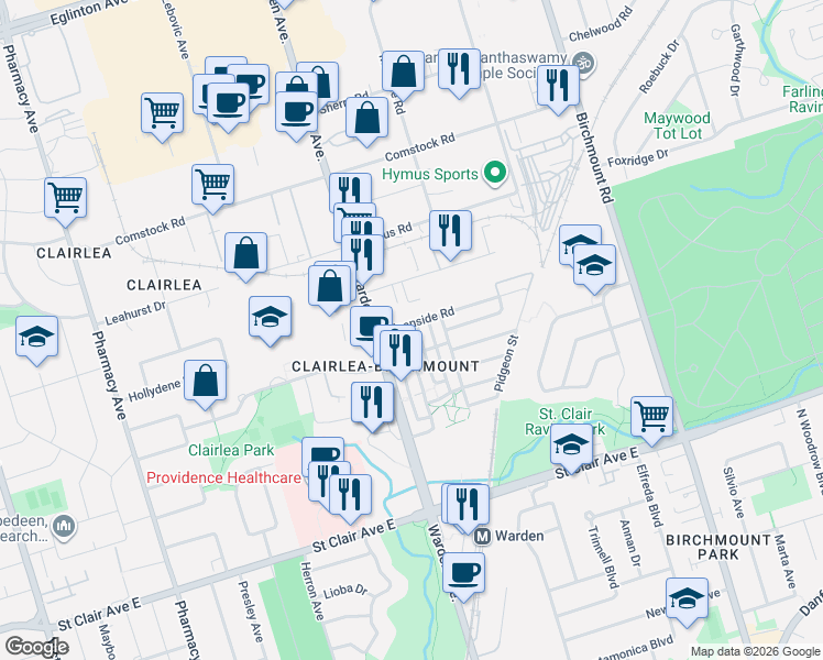 map of restaurants, bars, coffee shops, grocery stores, and more near 743 Warden Avenue in Toronto