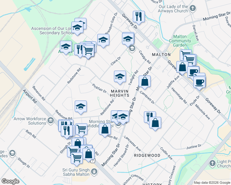 map of restaurants, bars, coffee shops, grocery stores, and more near 7434 Netherwood Road in Mississauga