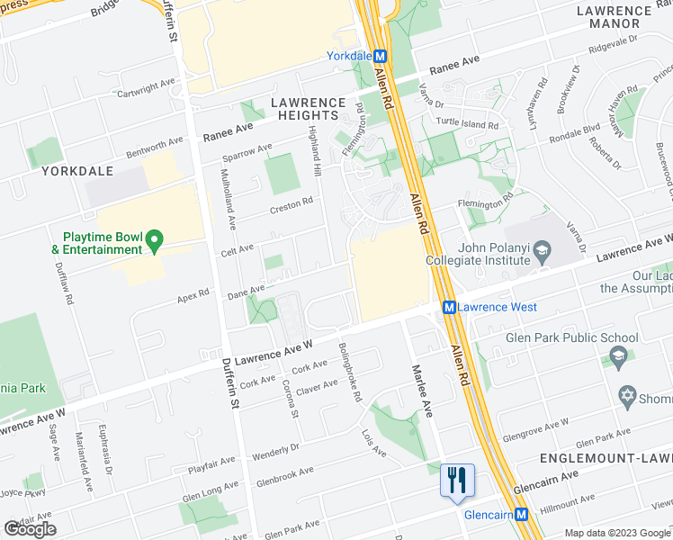 map of restaurants, bars, coffee shops, grocery stores, and more near 65 Dane Avenue in Toronto