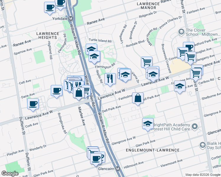 map of restaurants, bars, coffee shops, grocery stores, and more near 650 Lawrence Avenue West in Toronto