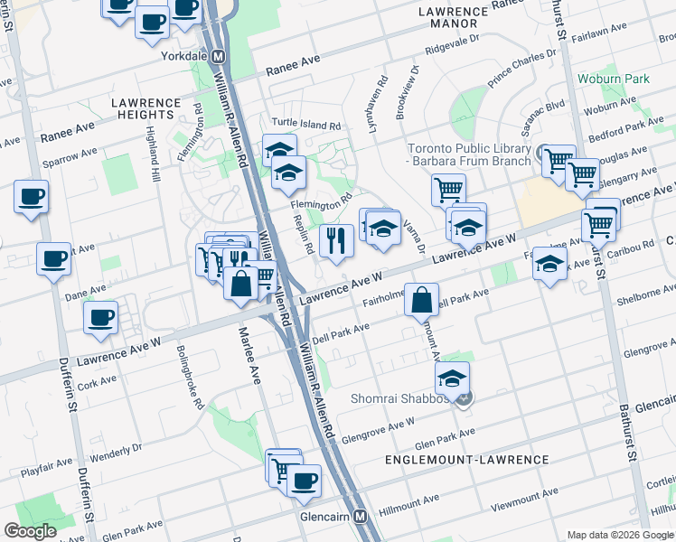 map of restaurants, bars, coffee shops, grocery stores, and more near 650 Lawrence Avenue West in Toronto