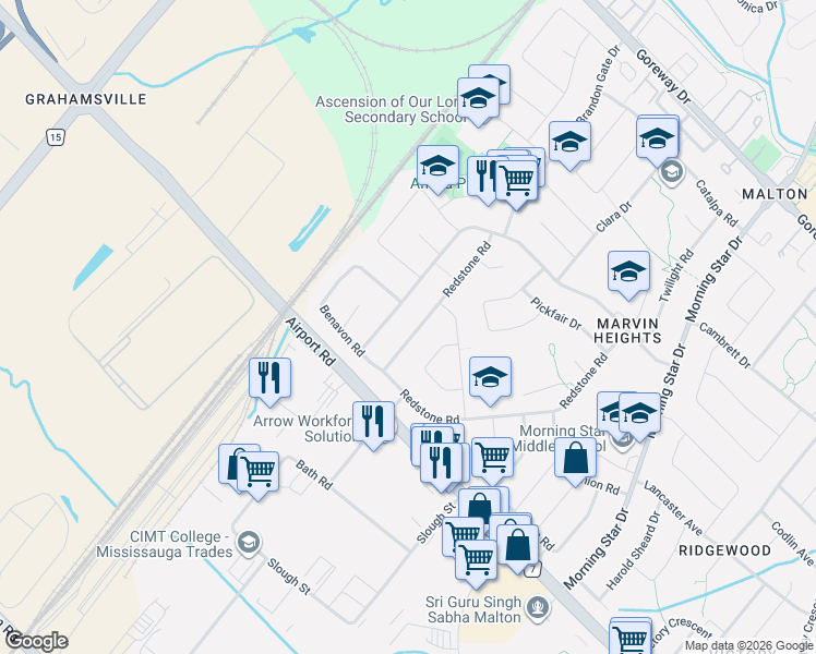 map of restaurants, bars, coffee shops, grocery stores, and more near 7648 Redstone Road in Mississauga