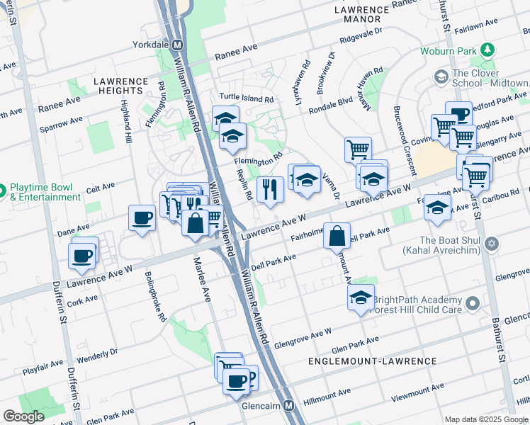 map of restaurants, bars, coffee shops, grocery stores, and more near 650 Lawrence Avenue West in Toronto