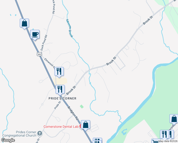 map of restaurants, bars, coffee shops, grocery stores, and more near 171 Brook Street in Westbrook