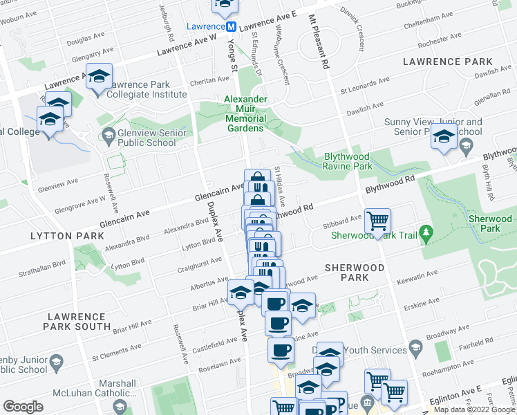 map of restaurants, bars, coffee shops, grocery stores, and more near 2711 Yonge Street in Toronto