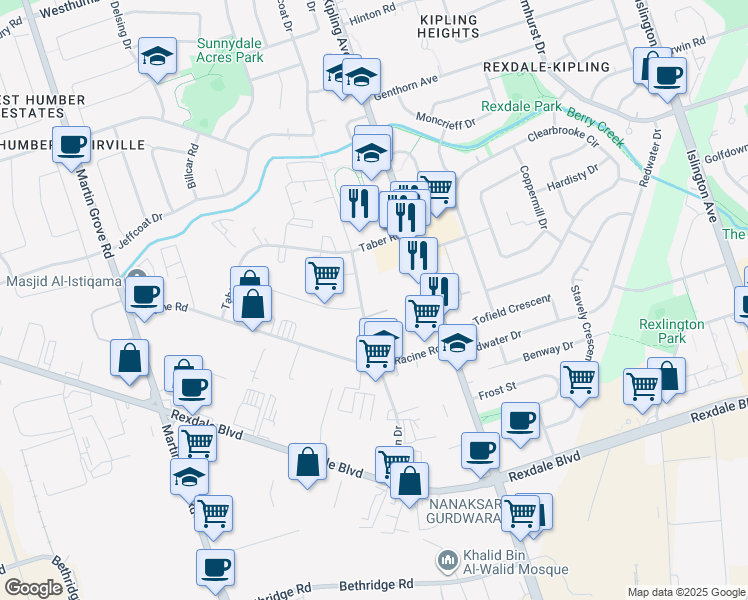 map of restaurants, bars, coffee shops, grocery stores, and more near in Toronto
