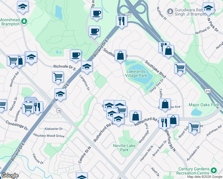 map of restaurants, bars, coffee shops, grocery stores, and more near 45 Ashurst Crescent in Brampton