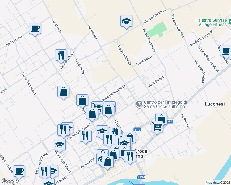 map of restaurants, bars, coffee shops, grocery stores, and more near 8 Via Don Morosini in Santa Croce Sull'arno